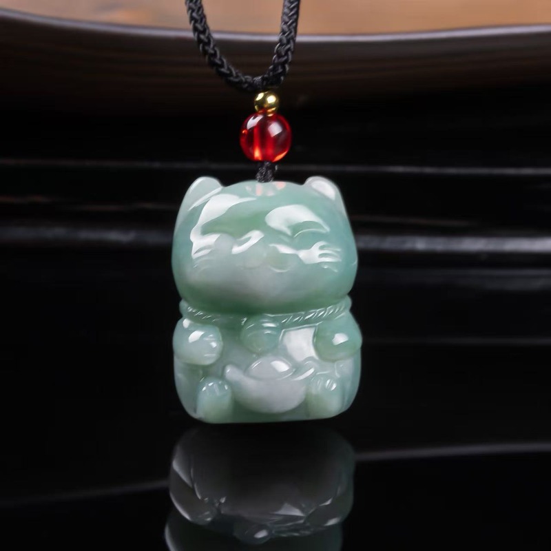 Women'S Fashion - Pendentif Chat Porte-Bonheur en Jade Émeraude