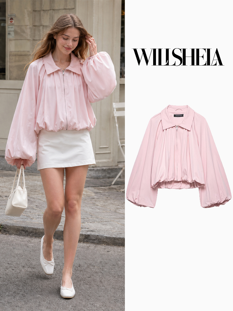 Women'S Fashion Bomber Jacket - Willshela – veste bomber plissée rose